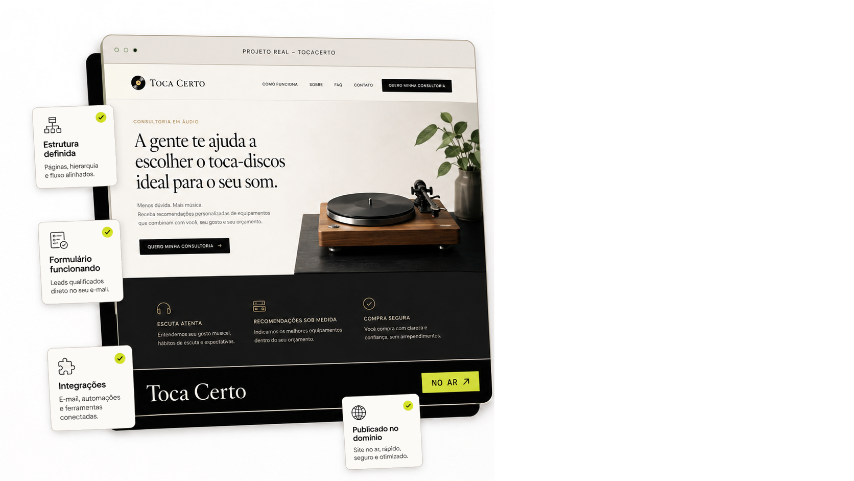 Mockup do projeto Toca Certo com cartões de estrutura, formulário, integrações e publicação